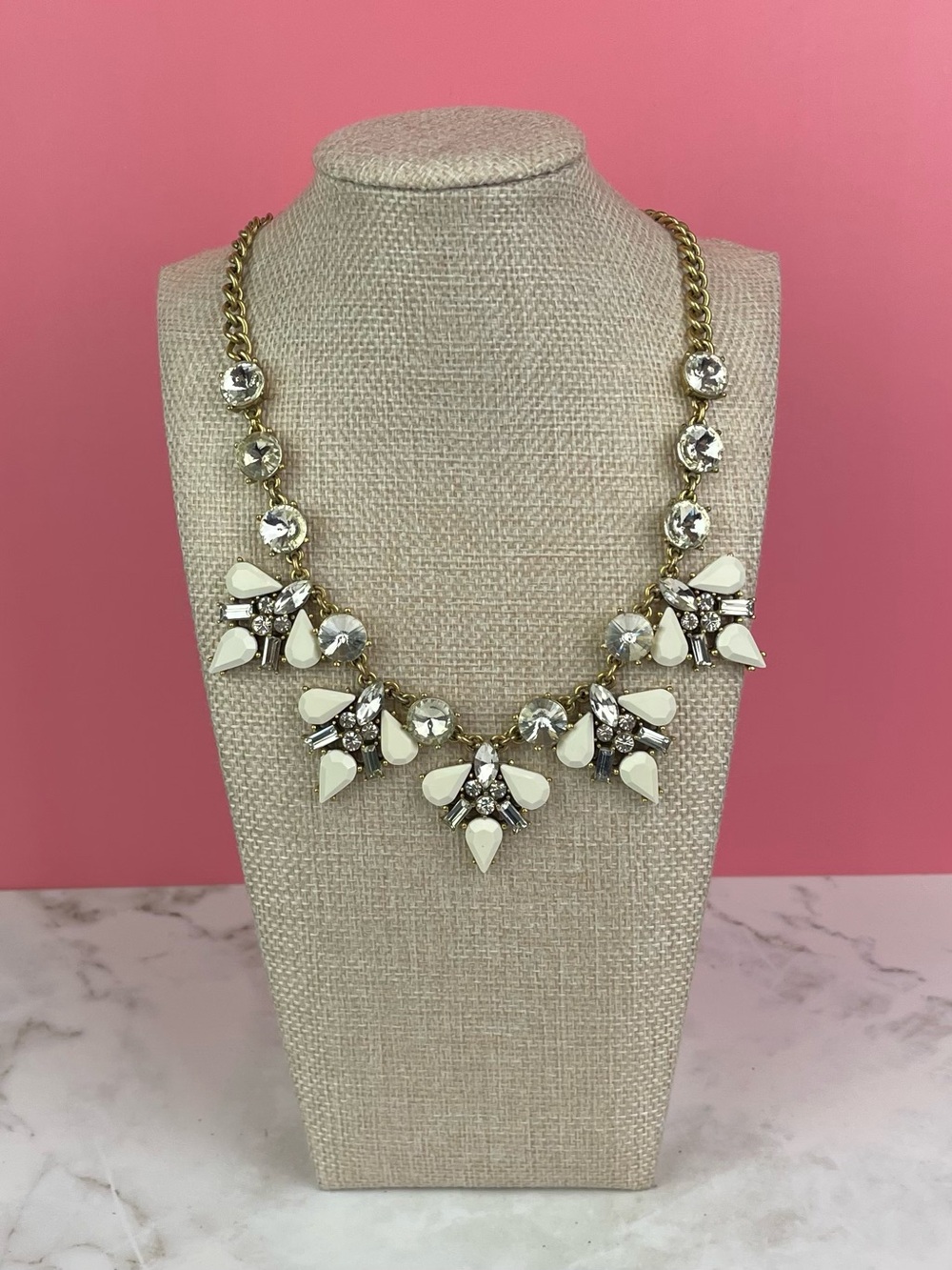 J Crew Vintage Glam Crystal Floral Bib Statement Necklace White & Gold